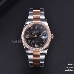 DateJust 36mm SS/RG EWF schwarzes Zifferblatt Roma-Indizes Roma-Lünette mit Diamanten Oyster-Armband A3235