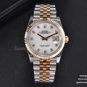 DateJust 36mm 904L YG/SS GMF geriffelte Lünette weißes Perlmutt-Zifferblatt Diamant-Indizes Jubilee-Armband VR3235