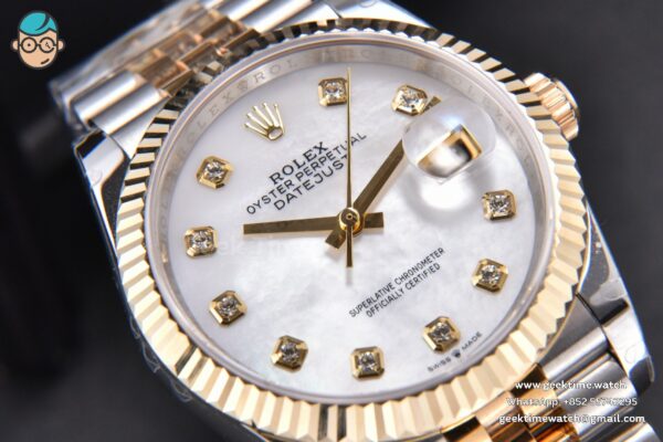 DateJust 36MM 904L YG/SS GMF Fluted Bezel White MOP Dial Diamond Marker Jubilee Bracelet VR3235 - Image 9