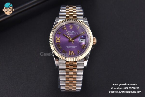 DateJust 36MM 904L YG/SS GMF Fluted Bezel Purple Dial Roma Marker Jubilee Bracelet VR3285 - Image 2