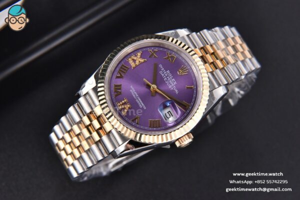 DateJust 36MM 904L YG/SS GMF Fluted Bezel Purple Dial Roma Marker Jubilee Bracelet VR3285 - Image 3