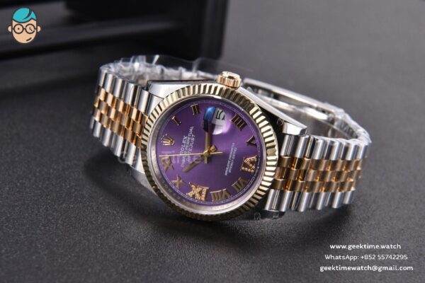 DateJust 36MM 904L YG/SS GMF Fluted Bezel Purple Dial Roma Marker Jubilee Bracelet VR3285 - Image 15