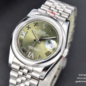 DateJust 36mm SS GMF Smooth Bezel Green Dial Diamond Roma Marker Jubilee Bracelet VR3235