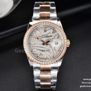 DateJust 36mm RG/SS BPF Lünette mit Diamanten silberfarbenes Palm-Zifferblatt Oyster-Armband A2824