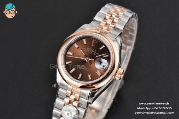 DateJust 28MM Ladies WF RG/SS Smooth Bezel Brown Dial Jubilee Bracelet A2236