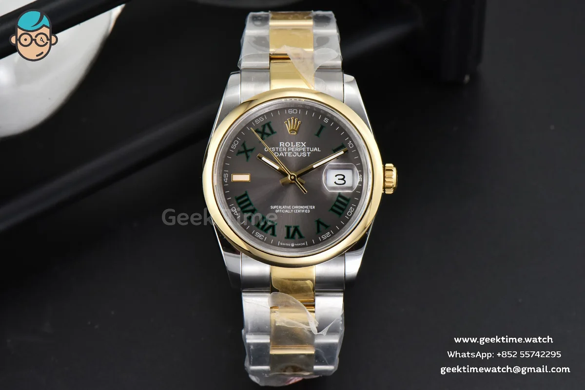 DateJust 36mm YG/SS BPF Smooth Wimbledom Gray Dial Green Roma Marker Oyster Bracelet 2824