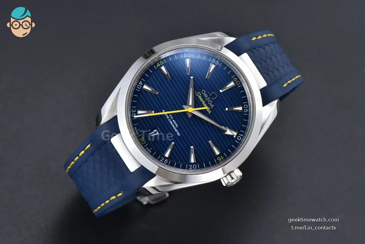 Aqua Terra 150M 41mm SS VSF Dark Blue Dial Yellow Hand Dark Blue Rubber Strap A8900