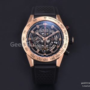 Carrera Calibre Heuer 01 45mm XF RG Bezel Black Skeleton Dial Black Rubber Strap A1887
