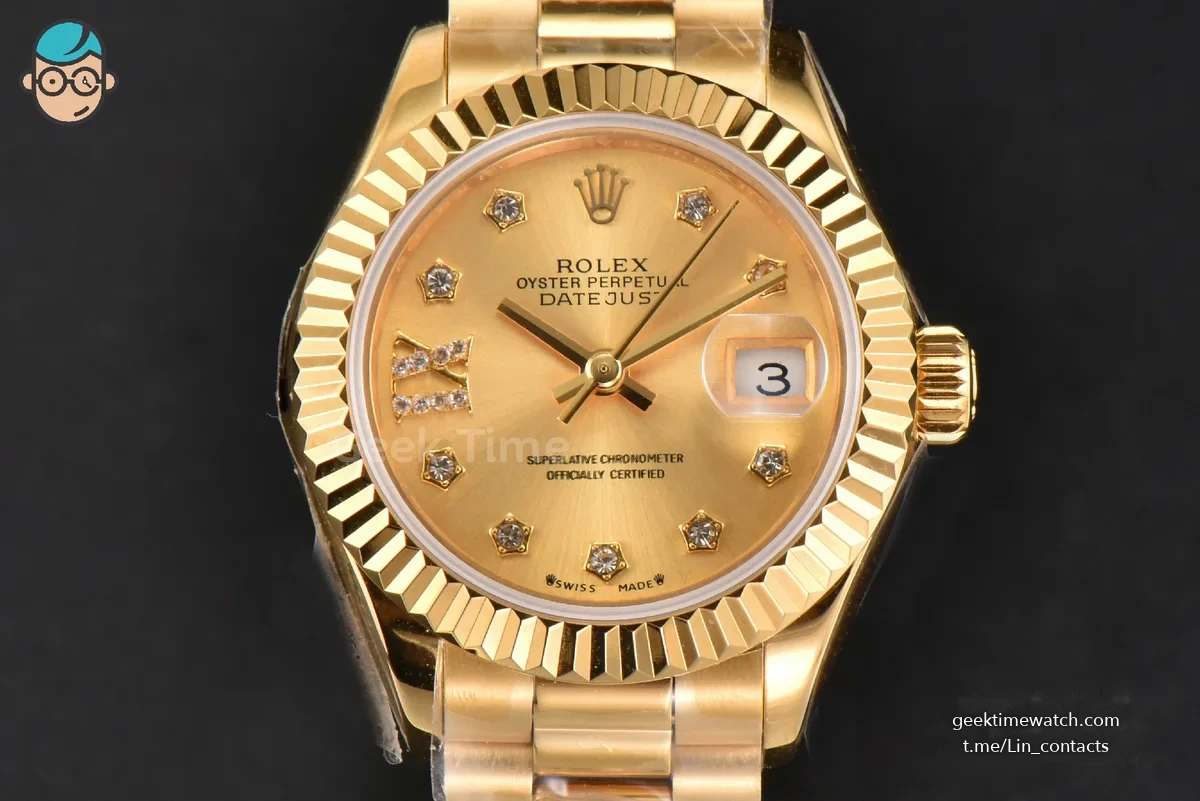 DateJust 28MM Ladies WF YG Gold Dial Diamond Marker President Bracelet A2236