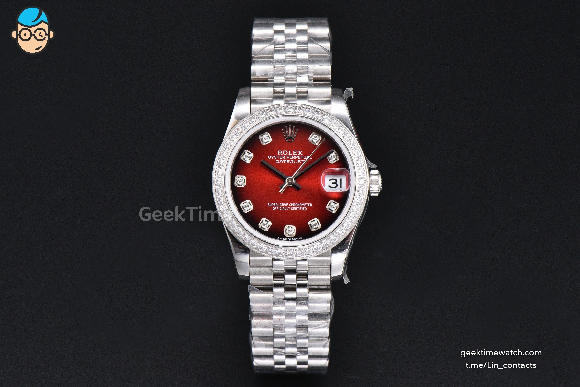 DateJust 31MM 904L GMF Diamond Bezel Red Dial Diamond Marker SS Jubilee Bracelet A2824