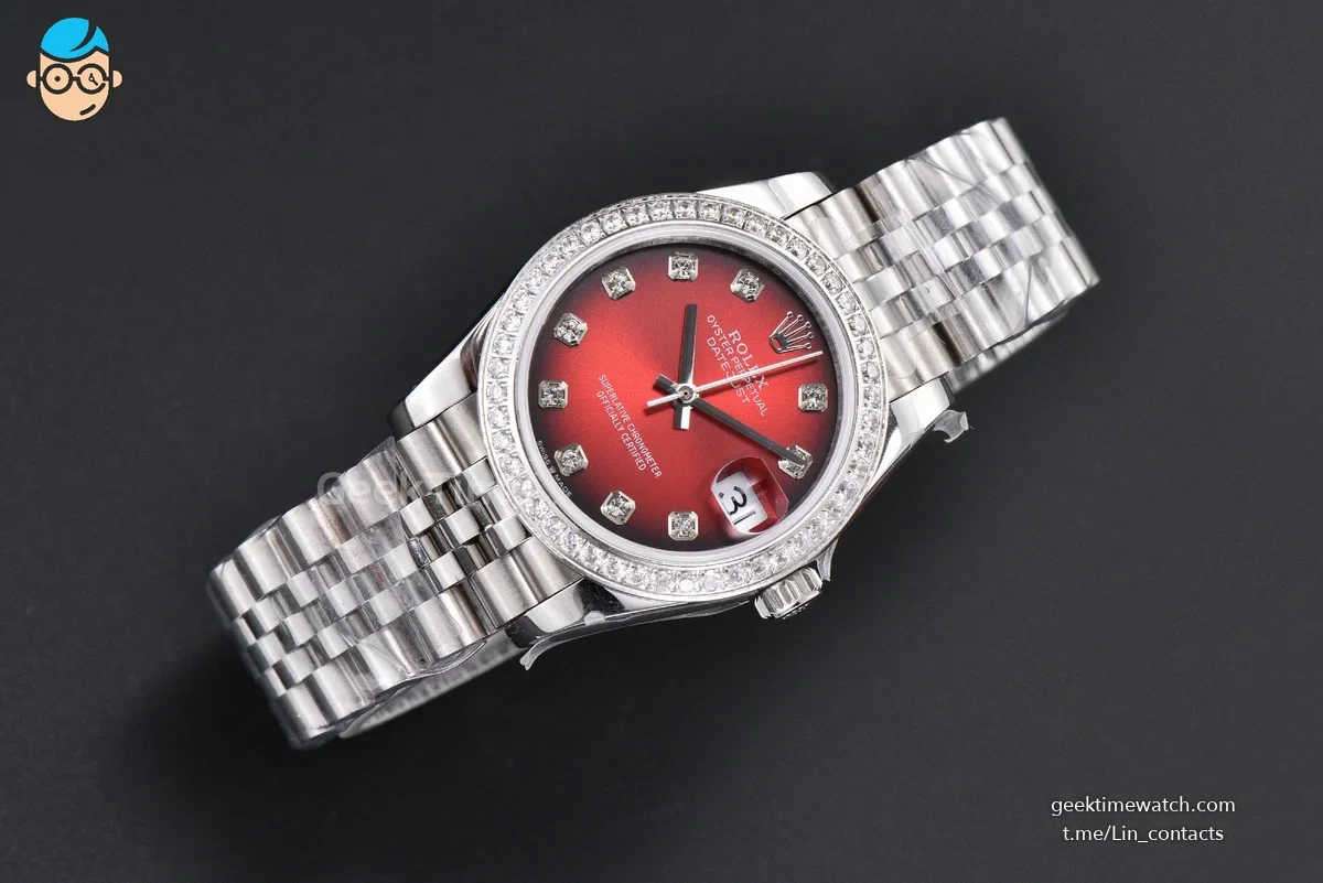 DateJust 31MM 904L GMF Diamond Bezel Red Dial Diamond Marker SS Jubilee Bracelet A2824