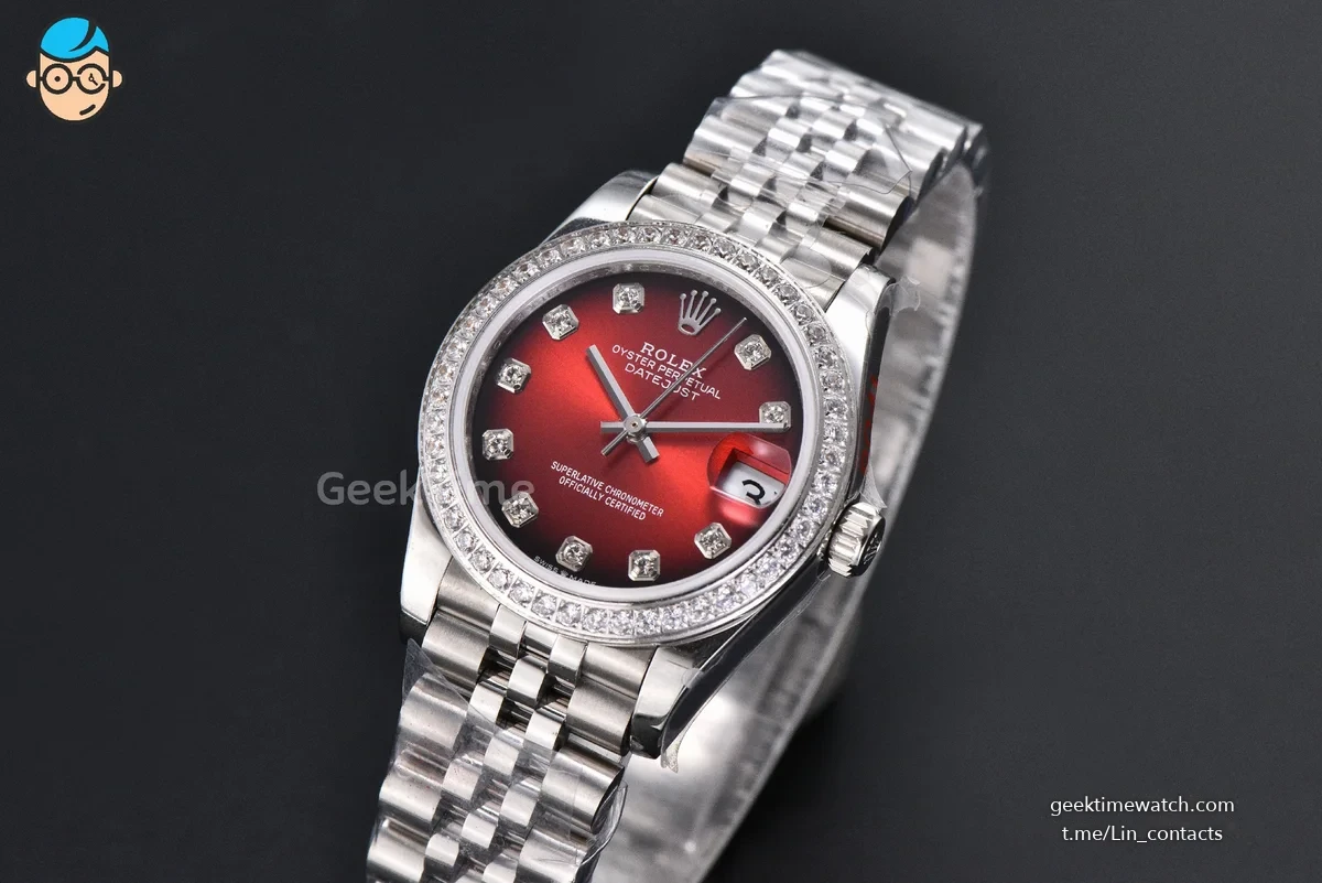 DateJust 31MM 904L GMF Diamond Bezel Red Dial Diamond Marker SS Jubilee Bracelet A2824