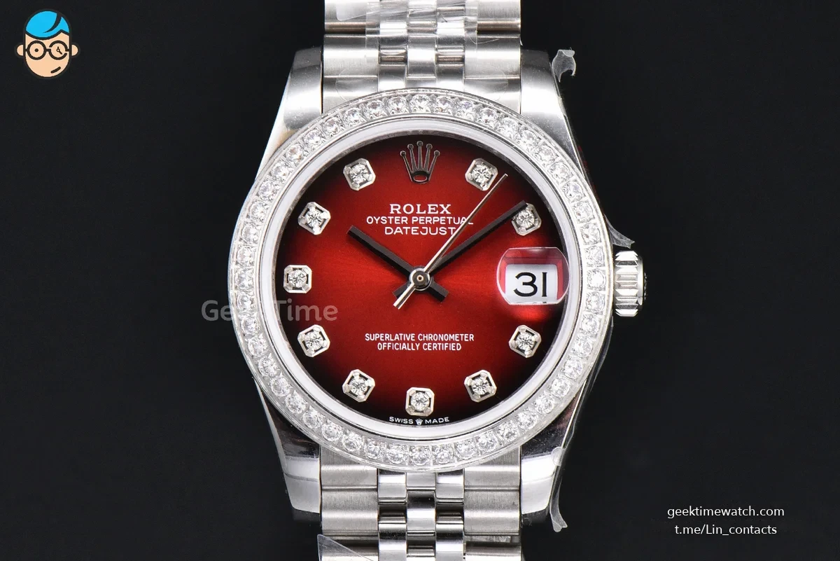 DateJust 31MM 904L GMF Diamond Bezel Red Dial Diamond Marker SS Jubilee Bracelet A2824
