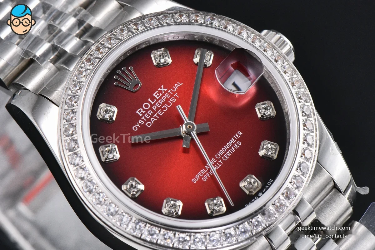 DateJust 31MM 904L GMF Diamond Bezel Red Dial Diamond Marker SS Jubilee Bracelet A2824