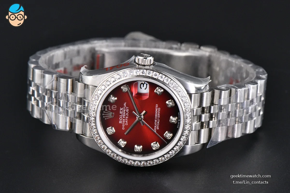 DateJust 31MM 904L GMF Diamond Bezel Red Dial Diamond Marker SS Jubilee Bracelet A2824
