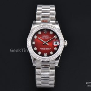 DateJust 31MM 904L GMF Diamond Bezel Red Dial Diamond Marker SS President Bracelet A2824