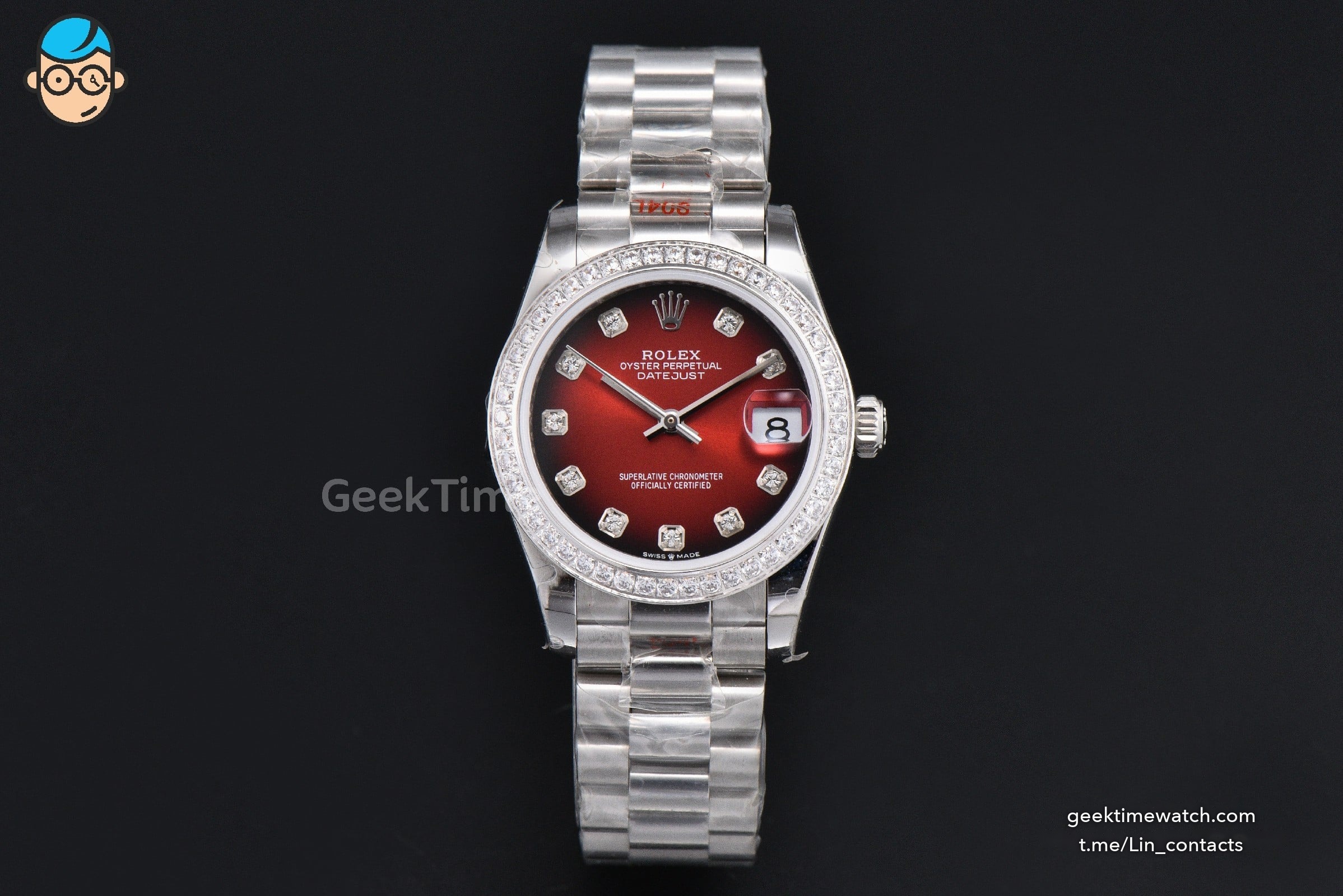 DateJust 31MM 904L GMF Diamond Bezel Red Dial Diamond Marker SS President Bracelet A2824