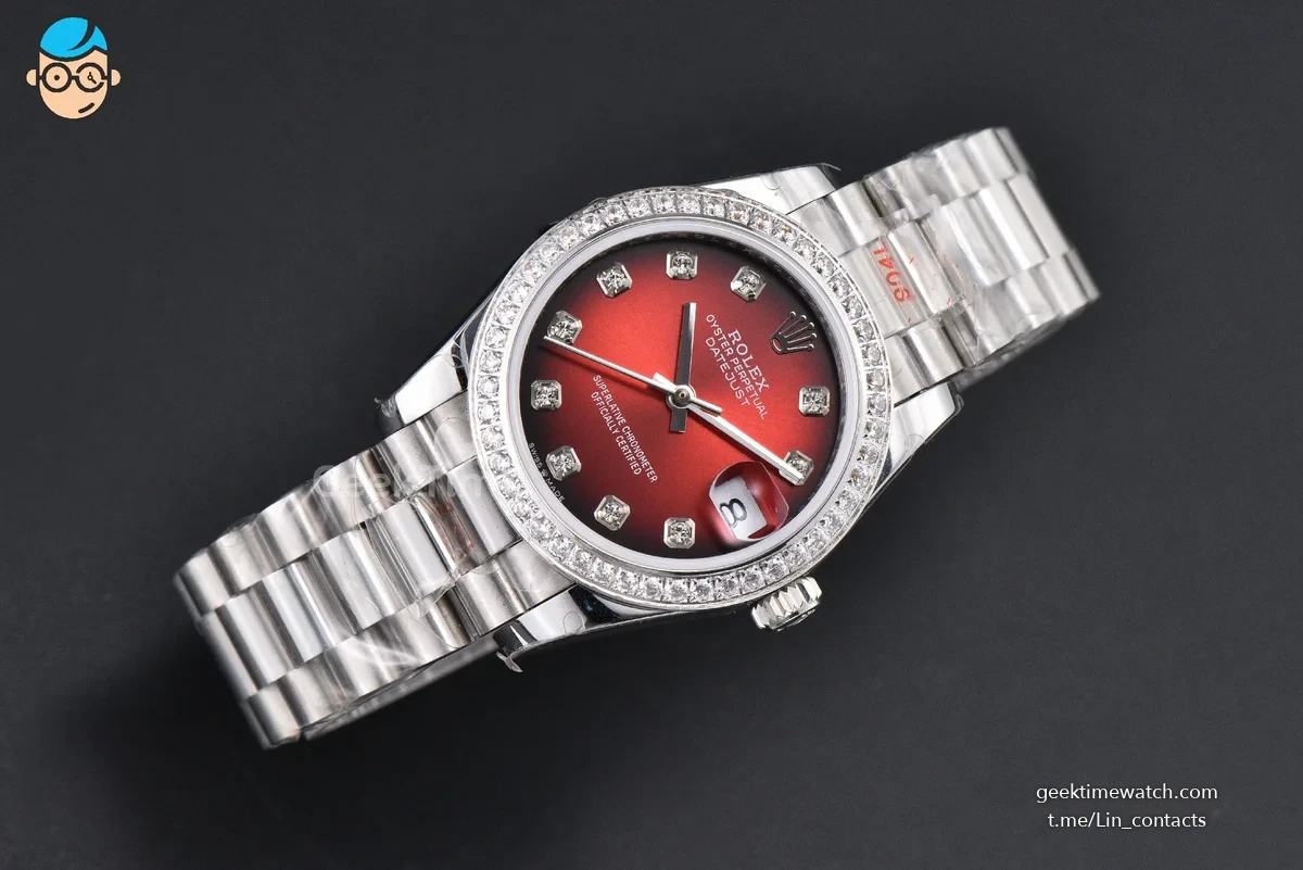 DateJust 31MM 904L GMF Diamond Bezel Red Dial Diamond Marker SS President Bracelet A2824