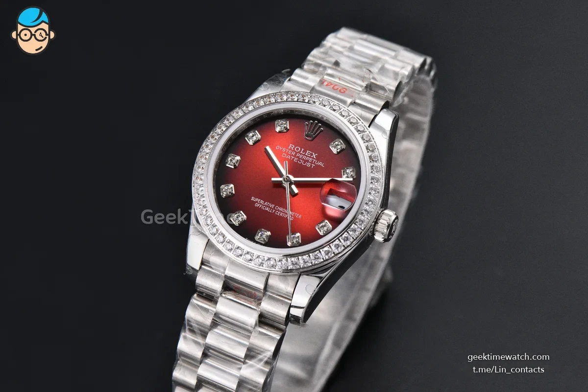 DateJust 31MM 904L GMF Diamond Bezel Red Dial Diamond Marker SS President Bracelet A2824