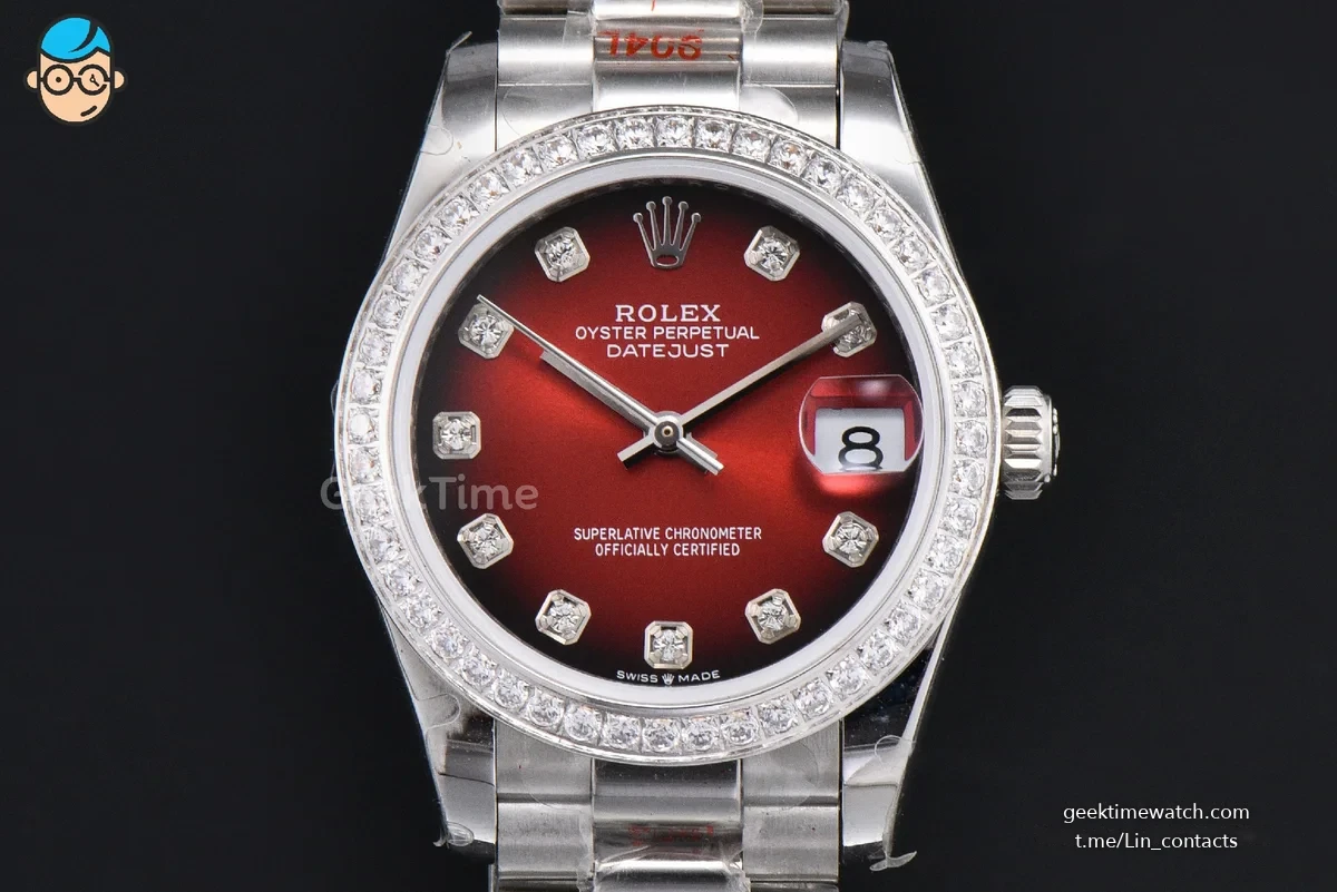 DateJust 31MM 904L GMF Diamond Bezel Red Dial Diamond Marker SS President Bracelet A2824