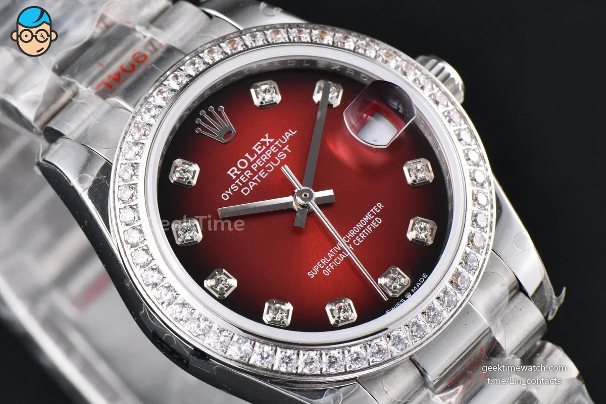 DateJust 31MM 904L GMF Diamond Bezel Red Dial Diamond Marker SS President Bracelet A2824