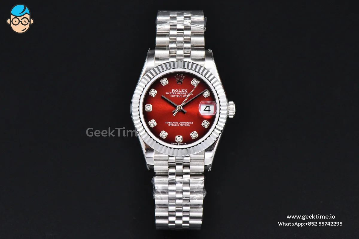 DateJust 31MM 904L GMF Fluted Bezel Red Dial Diamond Marker SS Jubilee Bracelet A2824