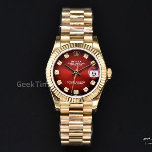 DateJust 31MM YG GMF Fluted Bezel Red Dial Diamond Marker President Bracelet A2824