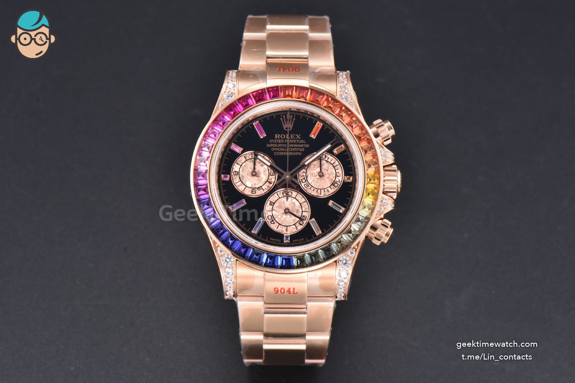 Daytona 116595 Customized Noob Rainbow Diamond RG Bezel Black Dial RG Bracelet SA4130