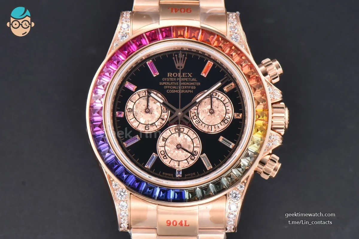 Daytona 116595 Customized Noob Rainbow Diamond RG Bezel Black Dial RG Bracelet SA4130