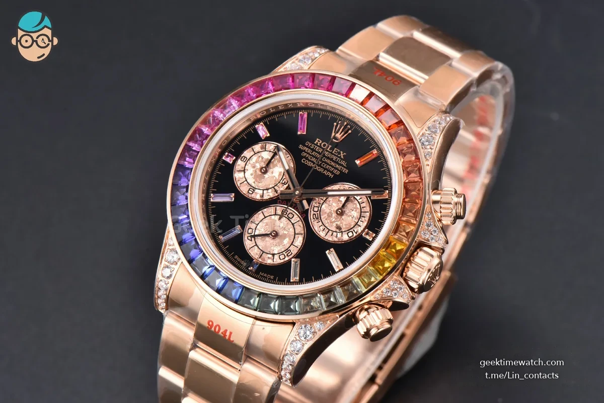 Daytona 116595 Customized Noob Rainbow Diamond RG Bezel Black Dial RG Bracelet SA4130
