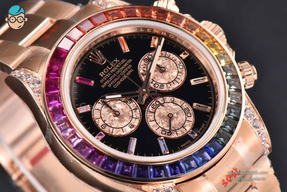 Daytona 116595 Customized Noob Rainbow Diamond RG Bezel Black Dial RG Bracelet SA4130