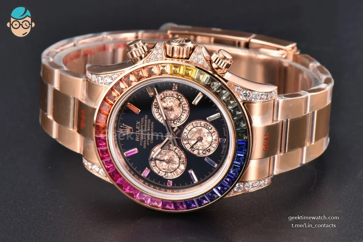 Daytona 116595 Customized Noob Rainbow Diamond RG Bezel Black Dial RG Bracelet SA4130