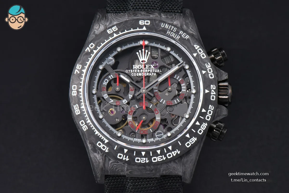 Daytona Montoya Carbon Fiber 40mm DIWF Skeleton Dial Red Hand Black Nylon Strap 4130