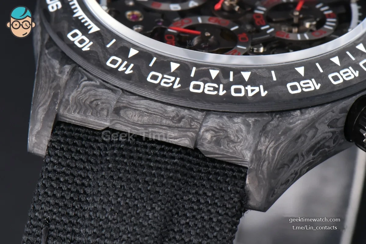 Daytona Montoya Carbon Fiber 40mm DIWF Skeleton Dial Red Hand Black Nylon Strap 4130