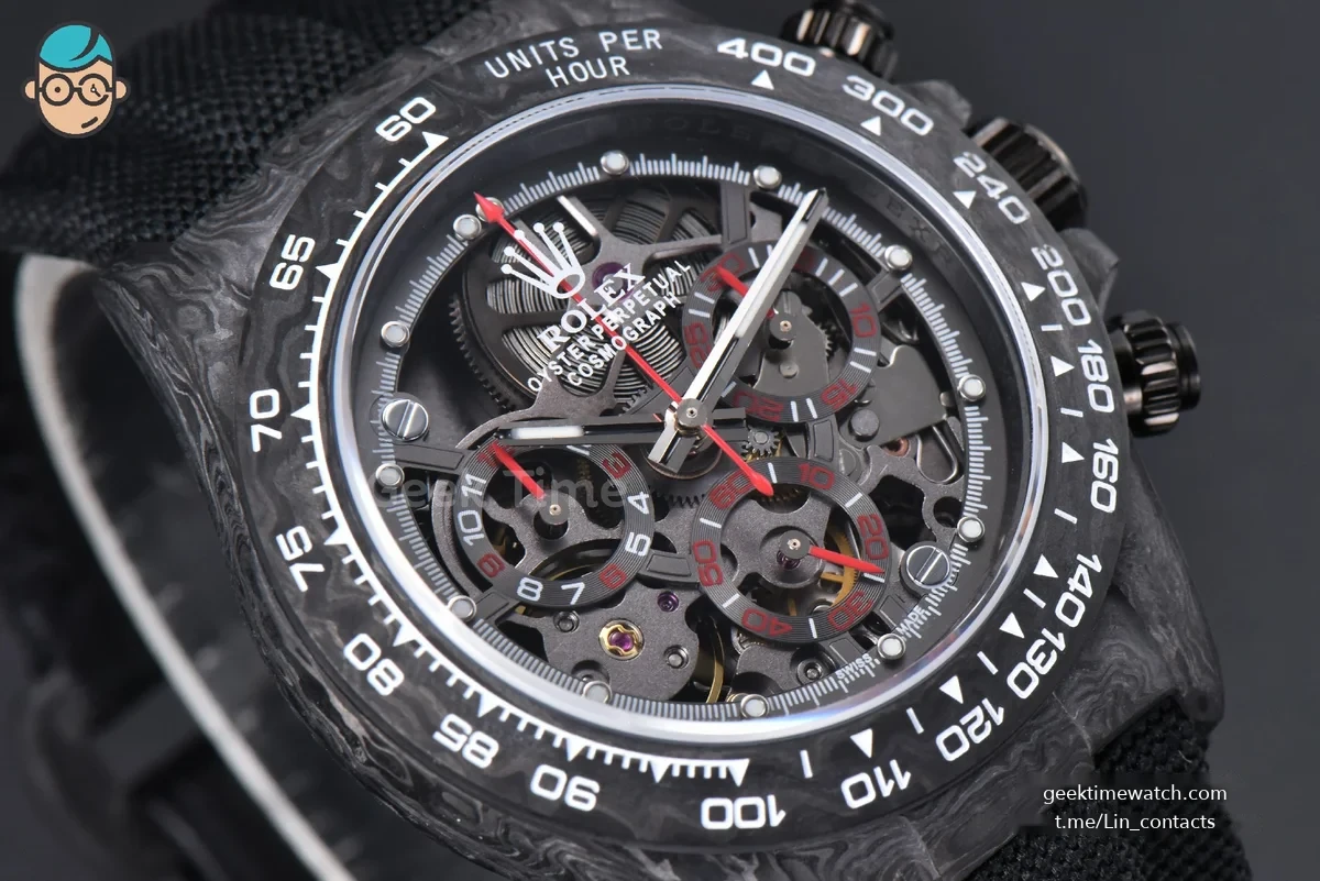 Daytona Montoya Carbon Fiber 40mm DIWF Skeleton Dial Red Hand Black Nylon Strap 4130