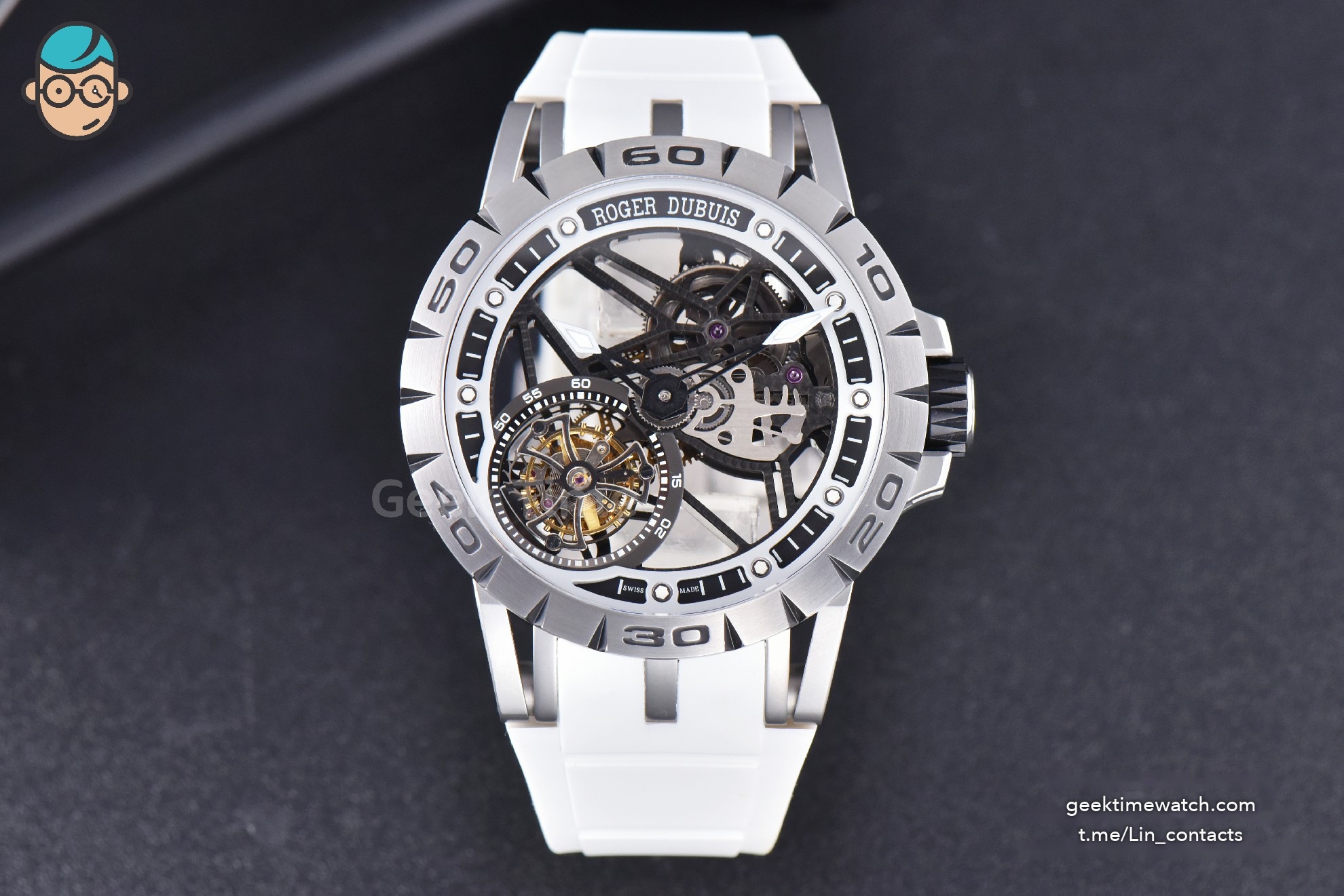 Excalibur Sports Tourbillon Titanium JBF 46MM Skeleton Dial Black Crown White Rubber Strap