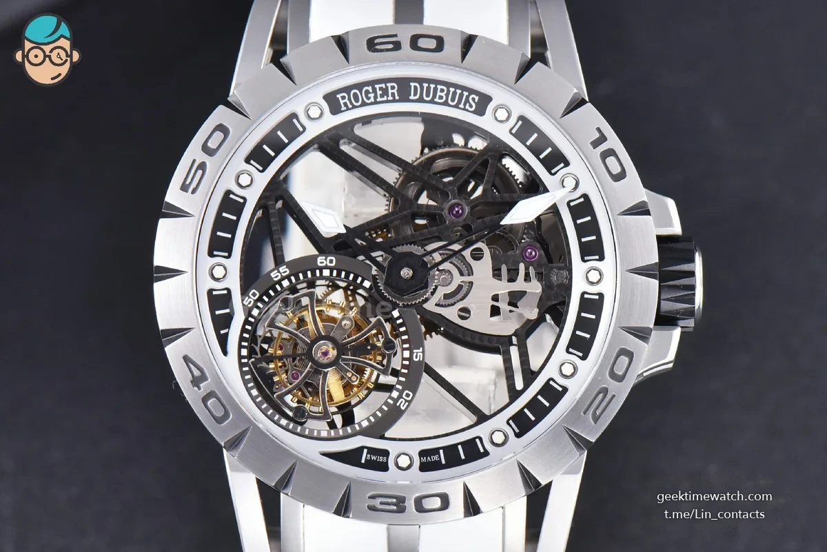 Excalibur Sports Tourbillon Titanium JBF 46MM Skeleton Dial Black Crown White Rubber Strap