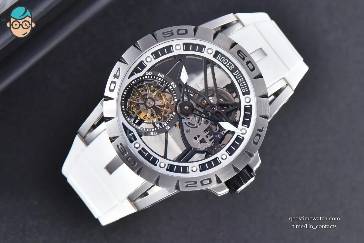 Excalibur Sports Tourbillon Titanium JBF 46MM Skeleton Dial Black Crown White Rubber Strap