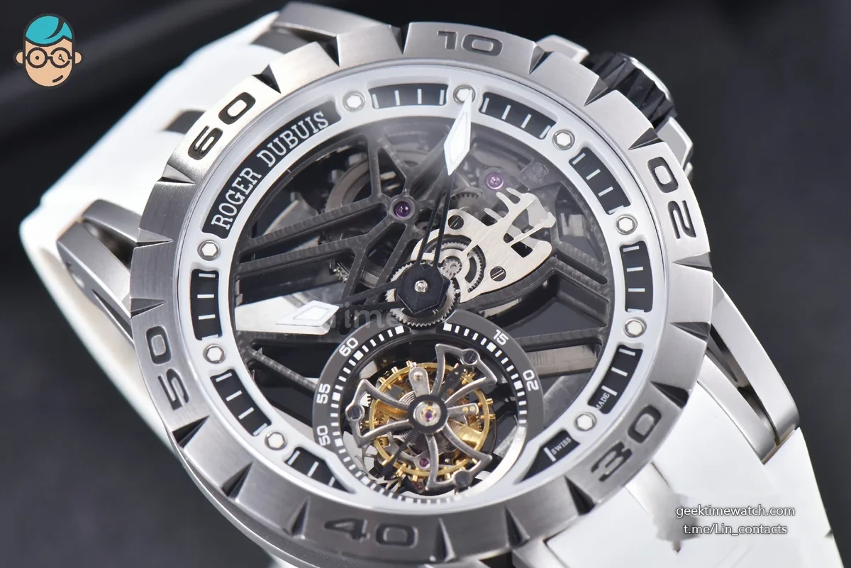 Excalibur Sports Tourbillon Titanium JBF 46MM Skeleton Dial Black Crown White Rubber Strap