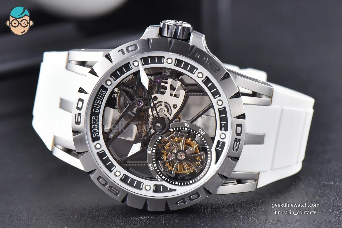 Excalibur Sports Tourbillon Titanium JBF 46MM Skeleton Dial Black Crown White Rubber Strap