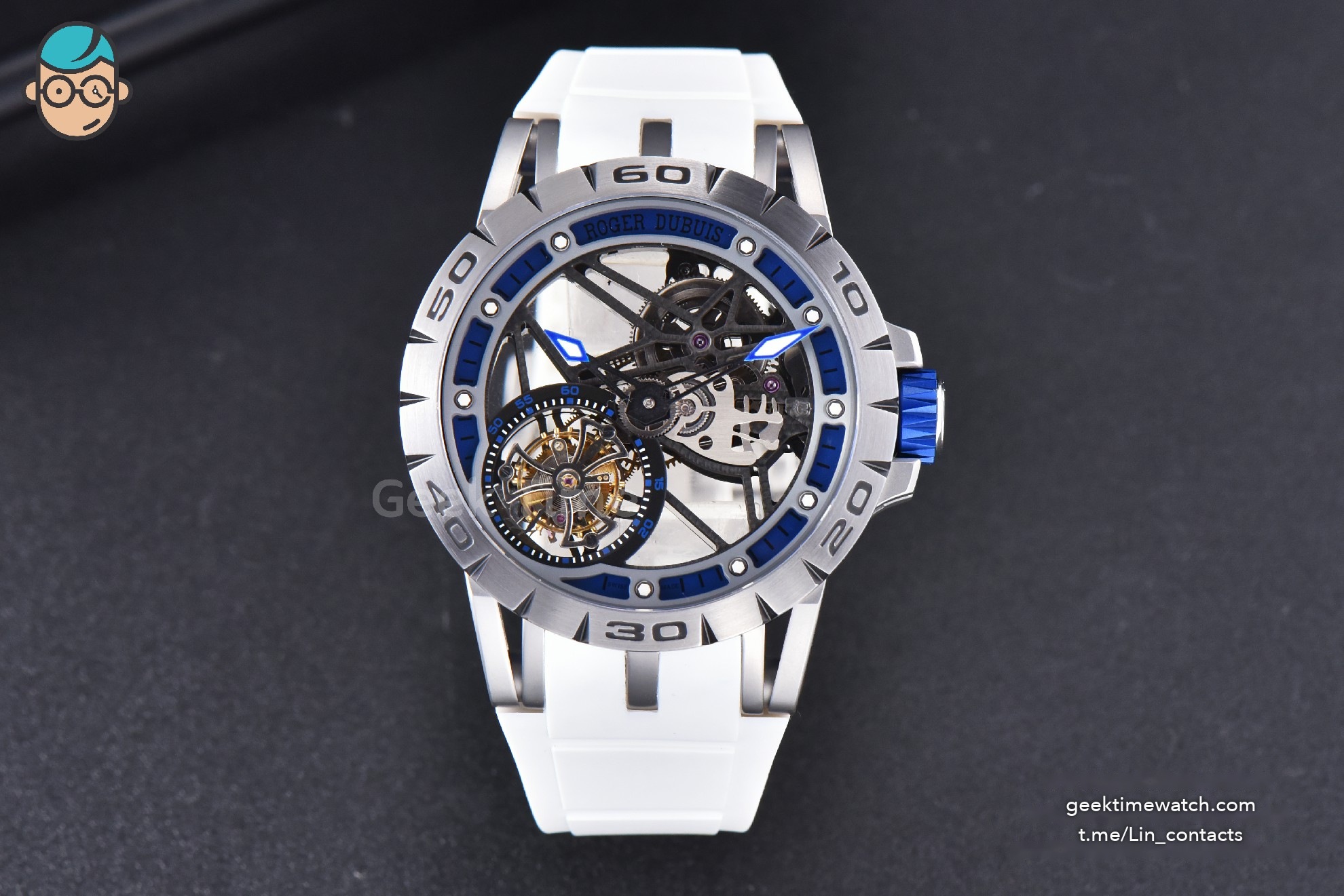 Excalibur Sports Tourbillon Titanium JBF 46MM Skeleton Dial Blue Crown White Rubber Strap