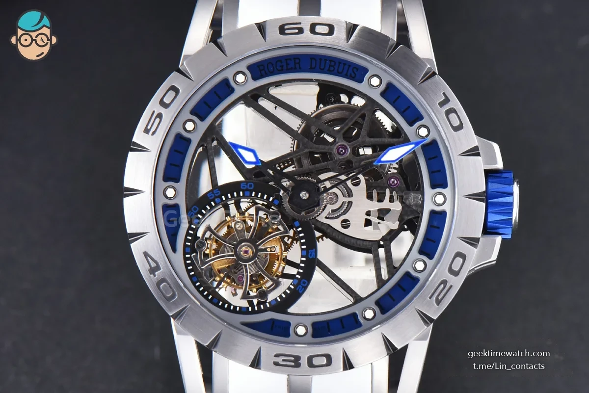 Excalibur Sports Tourbillon Titanium JBF 46MM Skeleton Dial Blue Crown White Rubber Strap