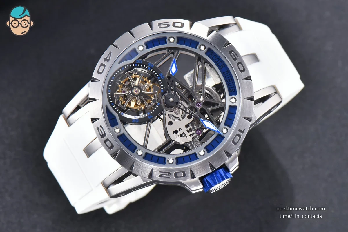 Excalibur Sports Tourbillon Titanium JBF 46MM Skeleton Dial Blue Crown White Rubber Strap