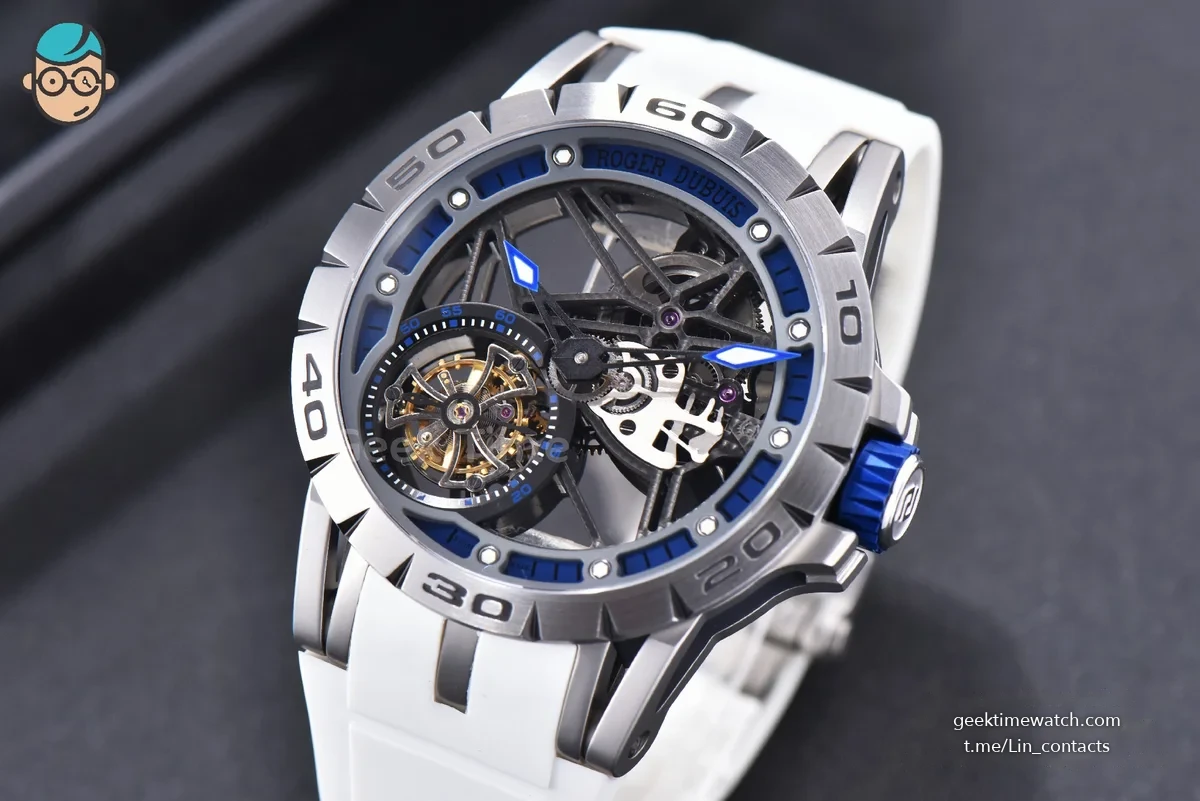 Excalibur Sports Tourbillon Titanium JBF 46MM Skeleton Dial Blue Crown White Rubber Strap