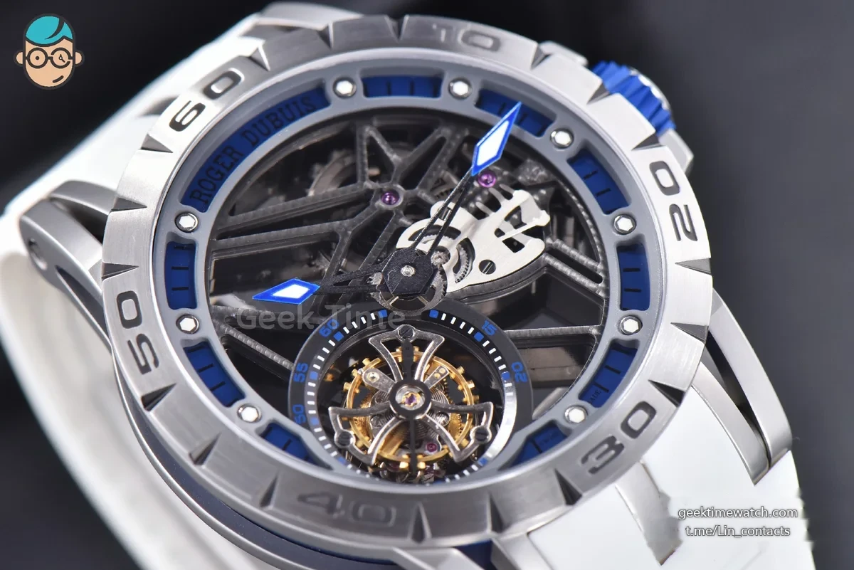 Excalibur Sports Tourbillon Titanium JBF 46MM Skeleton Dial Blue Crown White Rubber Strap