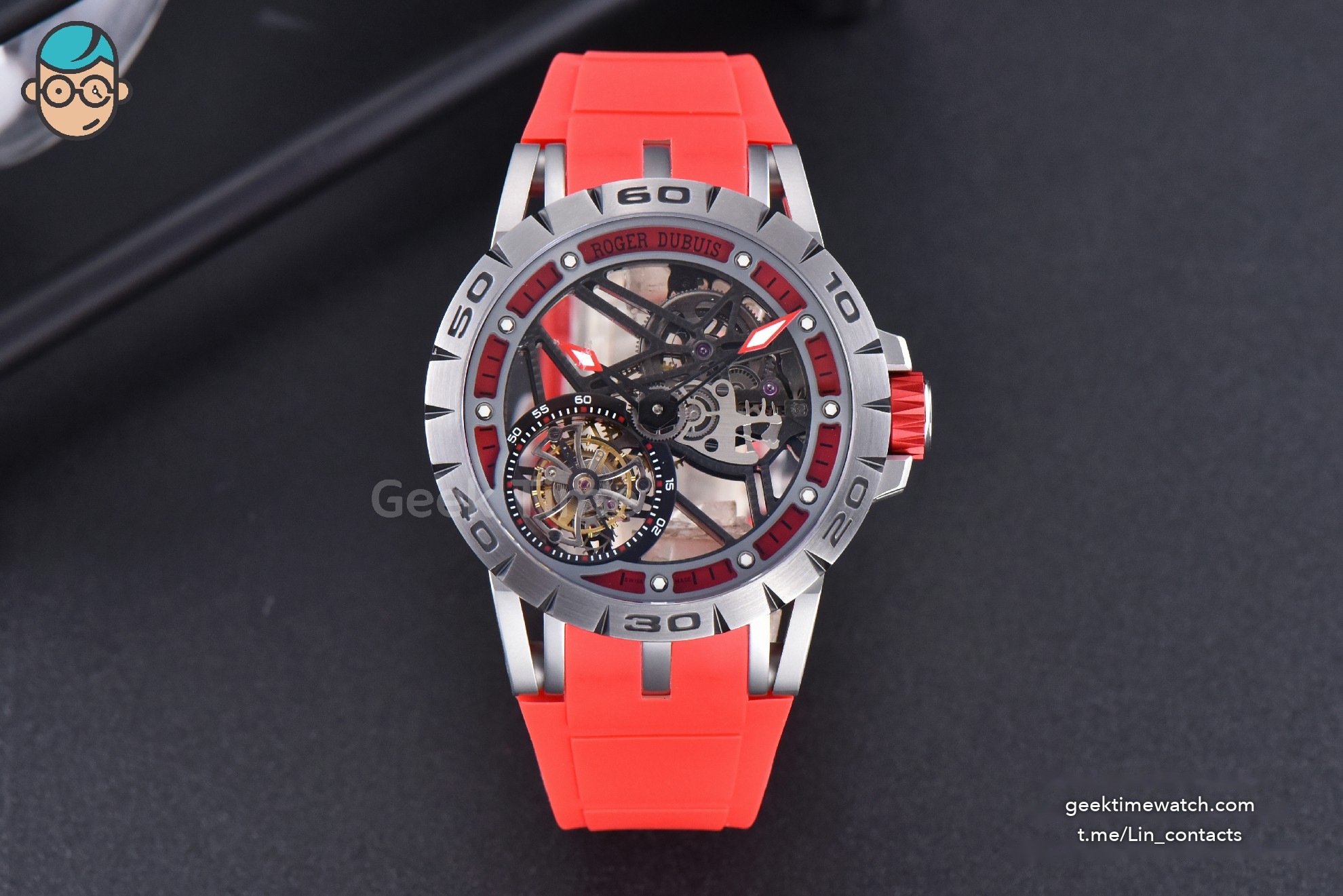 Excalibur Sports Tourbillon Titanium JBF 46MM Skeleton Dial Red Crown Red Rubber Strap