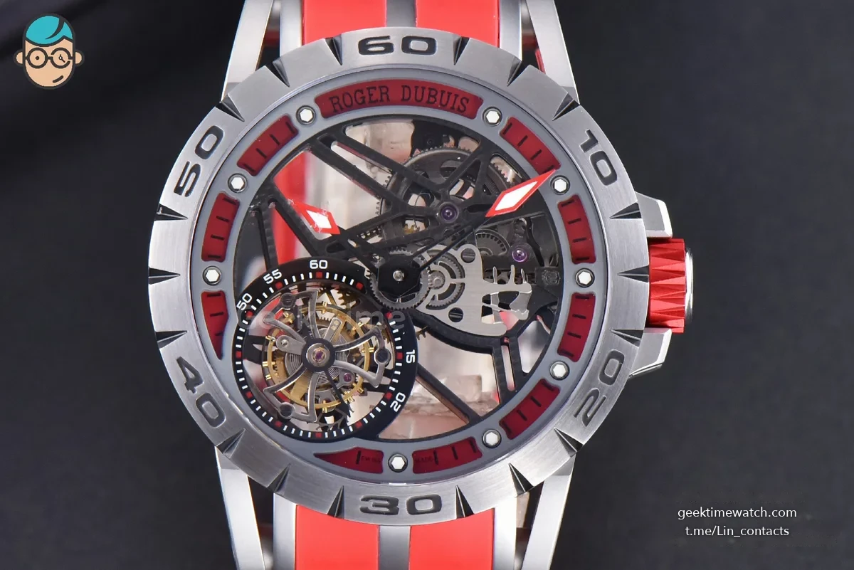 Excalibur Sports Tourbillon Titanium JBF 46MM Skeleton Dial Red Crown Red Rubber Strap