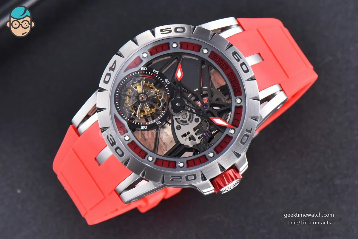 Excalibur Sports Tourbillon Titanium JBF 46MM Skeleton Dial Red Crown Red Rubber Strap
