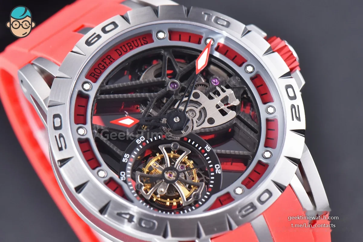 Excalibur Sports Tourbillon Titanium JBF 46MM Skeleton Dial Red Crown Red Rubber Strap