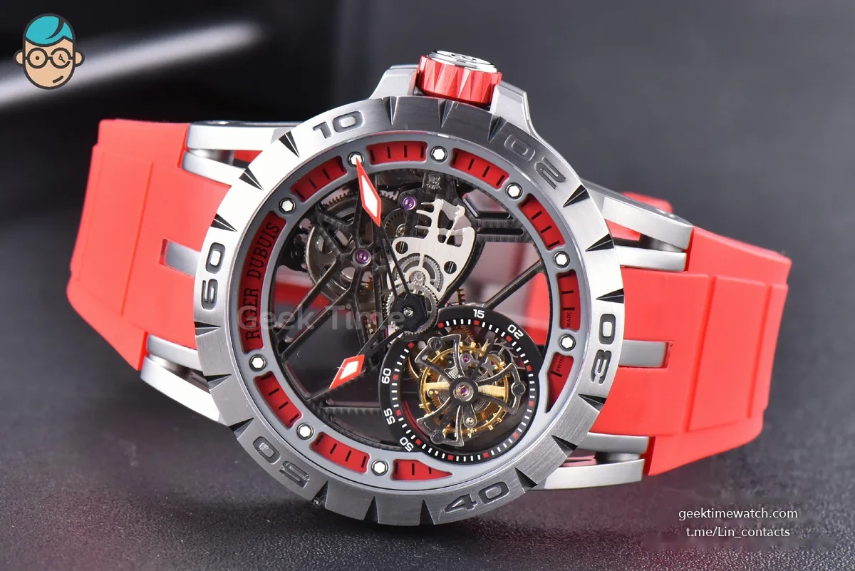 Excalibur Sports Tourbillon Titanium JBF 46MM Skeleton Dial Red Crown Red Rubber Strap